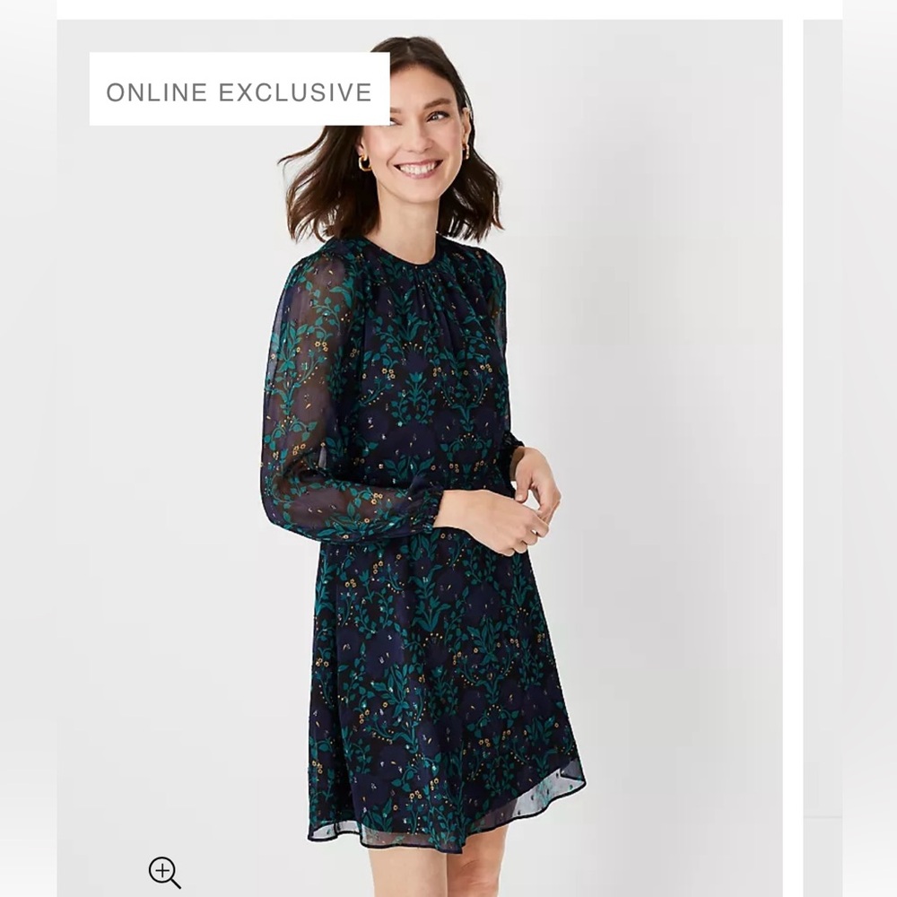 ANN TAYLOR Shimmer Floral Mock Neck Flare Dress